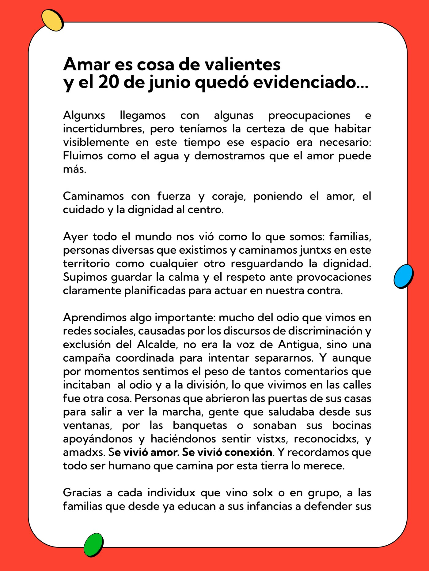 Comunicado Orgullo Antigua, página 1: Amar es cosa de valientes