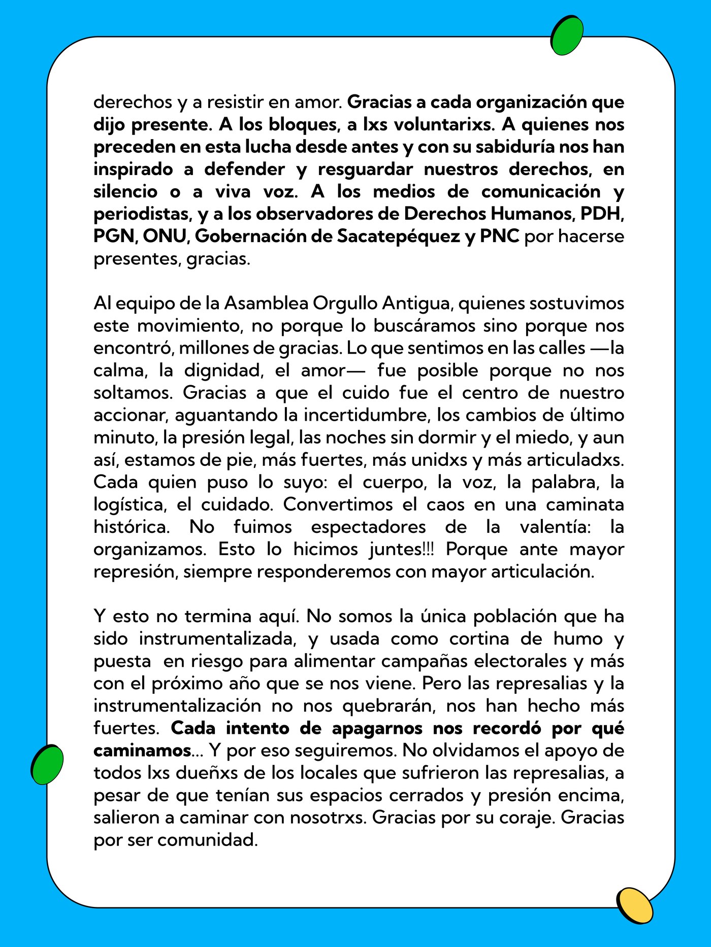 Comunicado Orgullo Antigua, página 2: agradecimientos