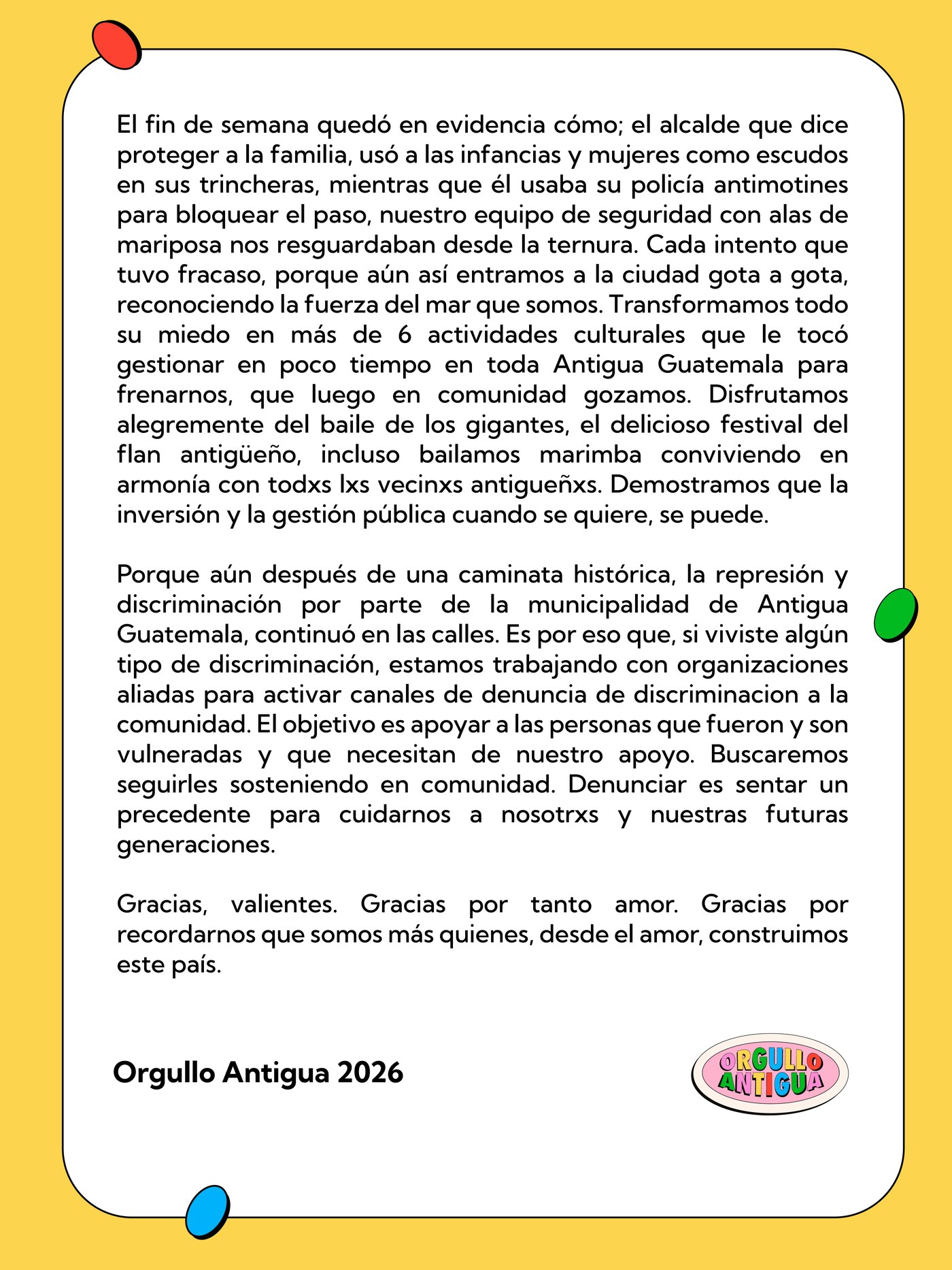 Comunicado Orgullo Antigua, página 3: gestión pública y canales de denuncia